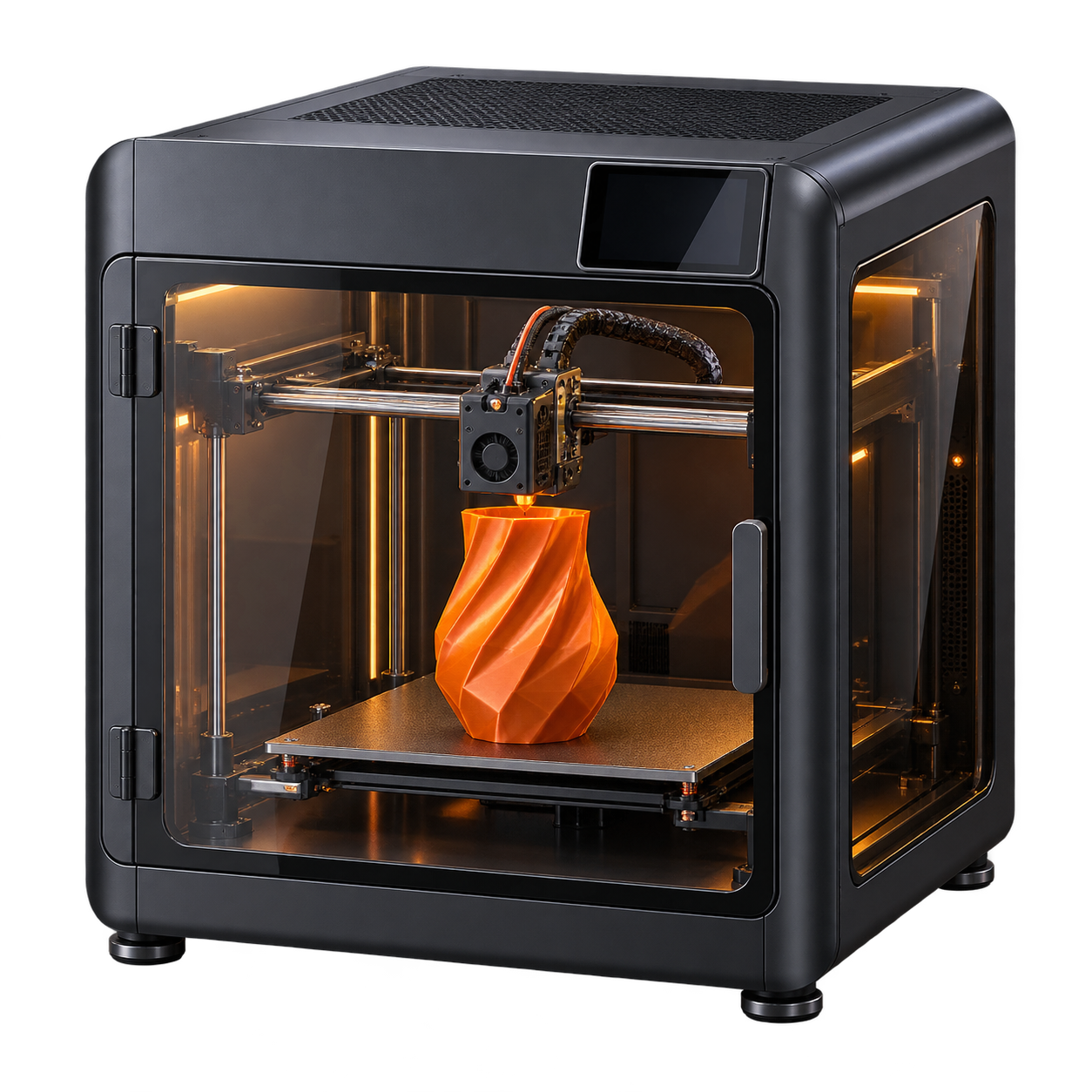 Impresora 3D cerrada con panel táctil lateral, vista isométrica